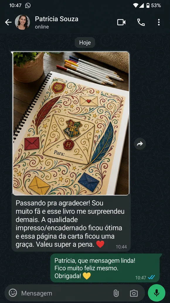 Mensagem de cliente no WhatsApp sobre o livro de colorir