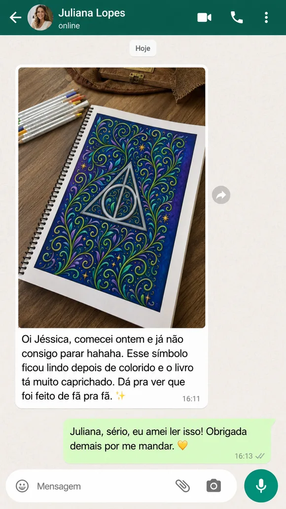 Mensagem de cliente no WhatsApp sobre o livro de colorir