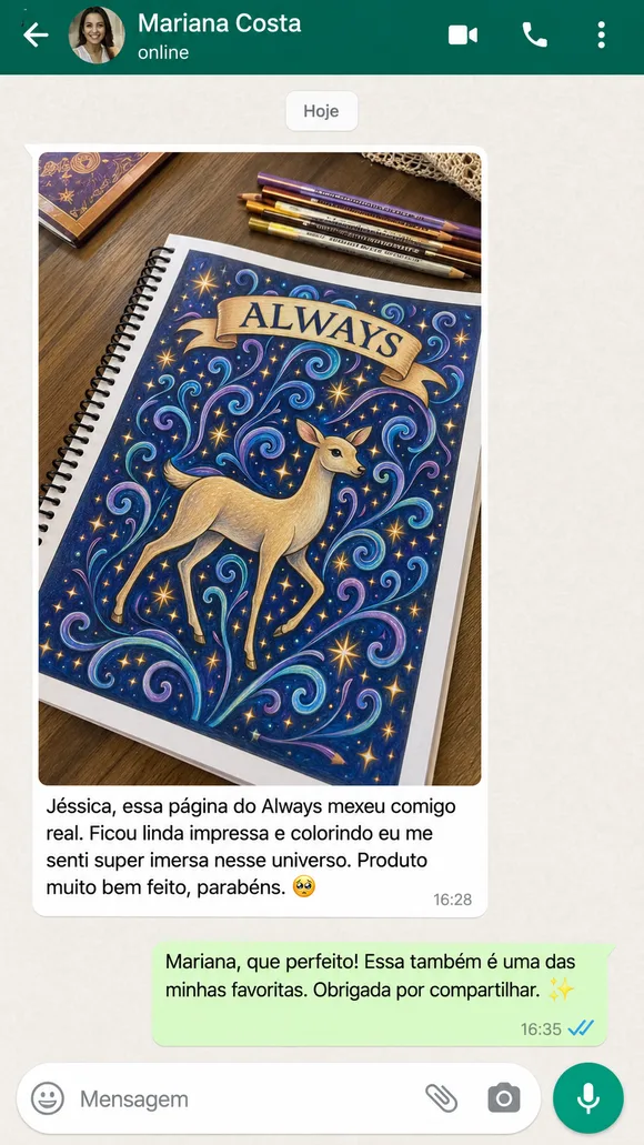 Mensagem de cliente no WhatsApp sobre o livro de colorir
