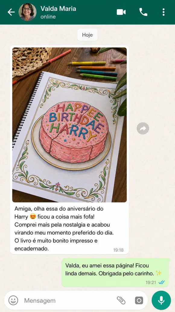 Mensagem de cliente no WhatsApp sobre o livro de colorir