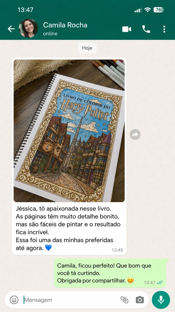 Mensagem de cliente no WhatsApp sobre o livro de colorir