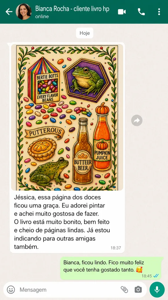 Mensagem de cliente no WhatsApp sobre o livro de colorir