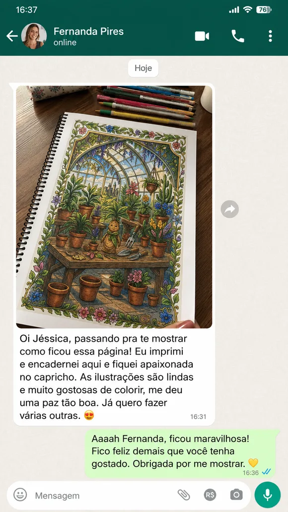 Mensagem de cliente no WhatsApp sobre o livro de colorir