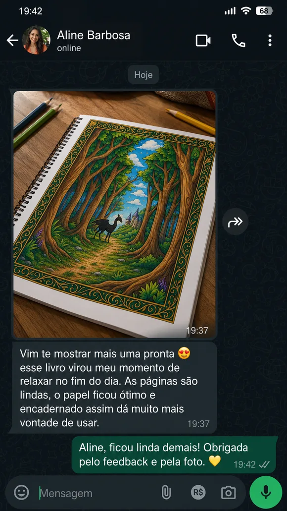 Mensagem de cliente no WhatsApp sobre o livro de colorir